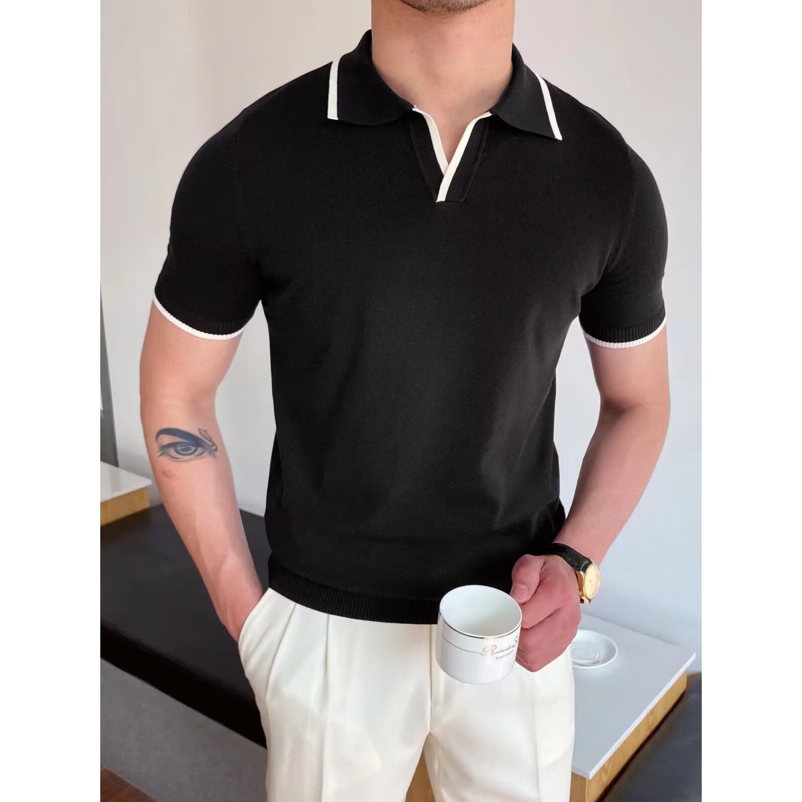 跨境翻领拼色polo衫男款高级感速干透气休闲修身时尚百搭短袖T恤