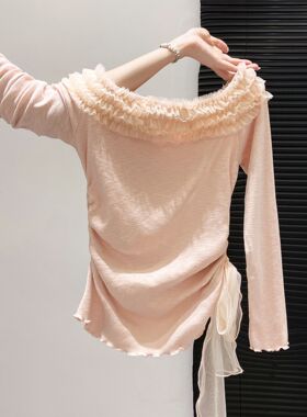 法式甜美蕾丝边拼接一字领长袖t恤女2025春秋新款收腰显瘦短上衣