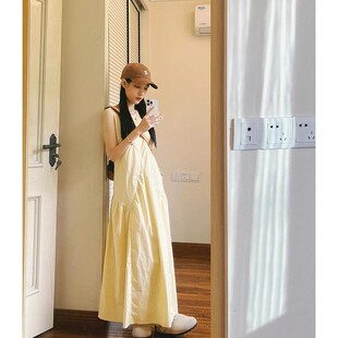 多巴胺甜美度假a字长裙子 背心连衣裙女夏季 法式 温柔风淡黄色无袖