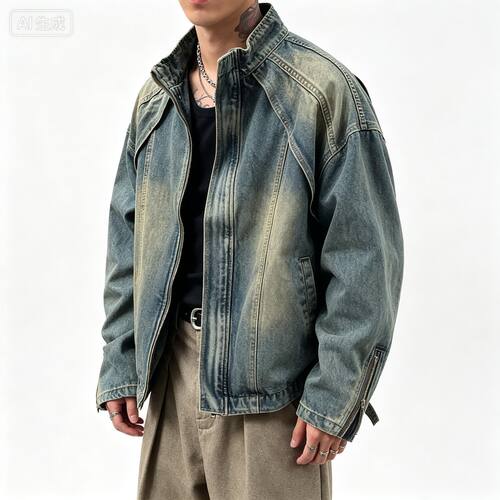 重磅解构牛仔外套男春秋款高级感痞帅美式复古拉链立领夹克上衣服