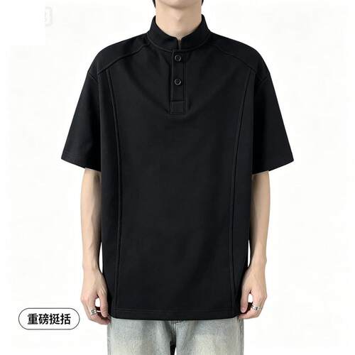 美式正肩Polo衫男短袖夏季高级感亨利领T恤cleanfit重磅解构半袖