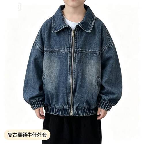 韩国2026新款儿童痞帅复古中性翻领拉链牛仔外套女童衬衫春秋夹克