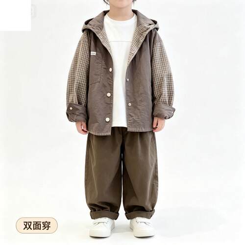男童双面穿外套2026春秋新款儿童格子连帽上衣中大童时髦男孩潮款