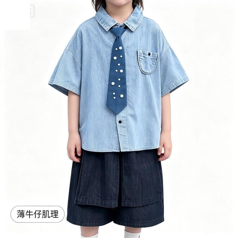 童装男童领带薄牛仔衬衫2026夏季新款套装帅气时髦潮生日穿搭洋气图片