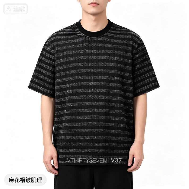夏季纱色麻花条纹褶皱条纹圆领宽松短袖T恤男士时尚百搭休闲