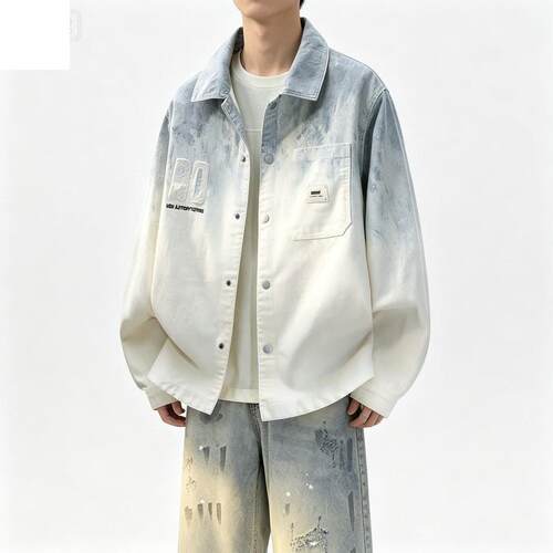2026新款痞帅复古百搭宽松小众设计感渐变牛仔长裤衬衫男士两件套
