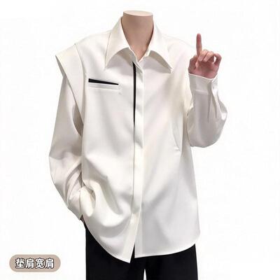 香港小众设计感假两件白色垫肩衬衫男高级感时尚潮流韩系穿搭长袖
