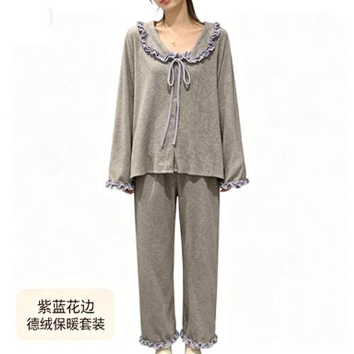 德绒睡衣女秋冬季2026新款加厚保暖薄绒格子花边长袖家居服套装