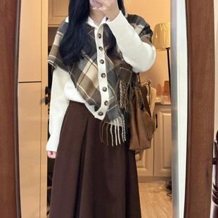 套装 复古港风流苏假两件斗篷披肩毛衣开衫 女高腰A字半身长裙时尚