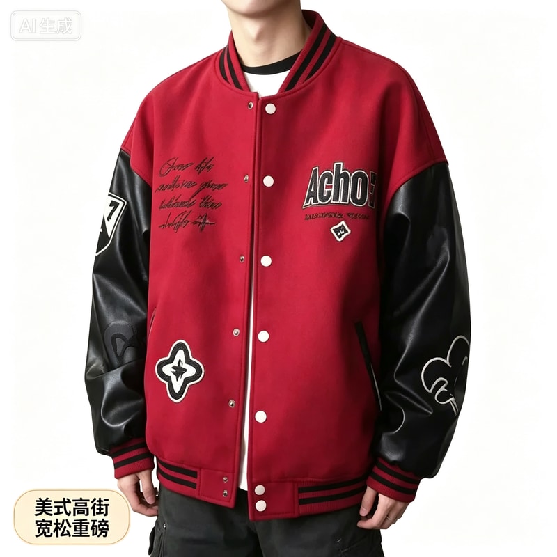 美式高街红色字母刺绣棒球服夹克男款秋冬季宽松休闲百搭重磅外套
