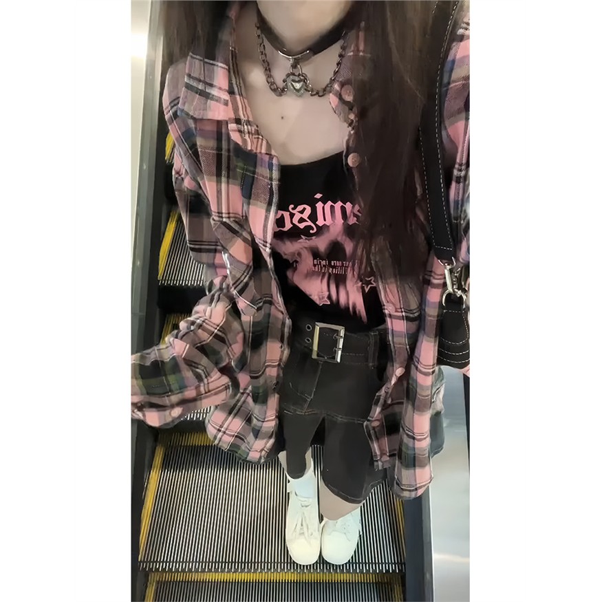 美式格子防晒长袖衬衫女