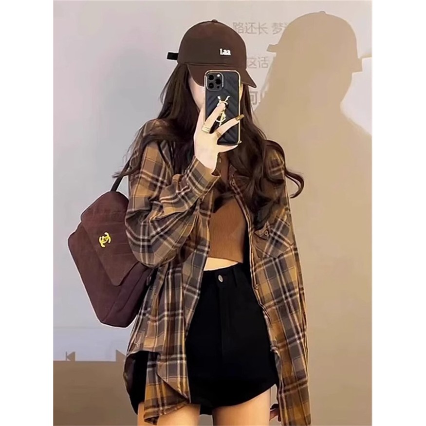 美式复古格子衬衫女款春