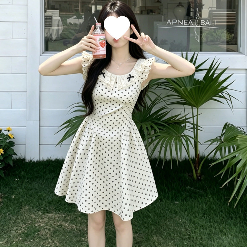 2026夏季波点连衣裙蕾丝花边蝴蝶结甜妹A字裙修身显瘦小个子短裙