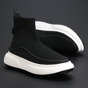 飞织网布鞋 黑色休闲鞋 厚底透气高帮板鞋 男士 子 舒适弹力袜子鞋 时尚
