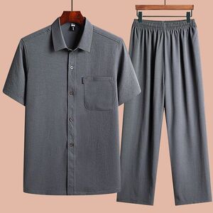中老年夏季冰丝衬衫爷爷宽松衬衣夏装中年男装男爸爸休闲短袖套装