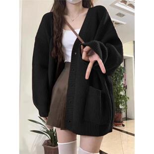 黑色软糯韩式慵懒风格针织毛衣夹克开衫早春和早秋穿中长宽松上衣