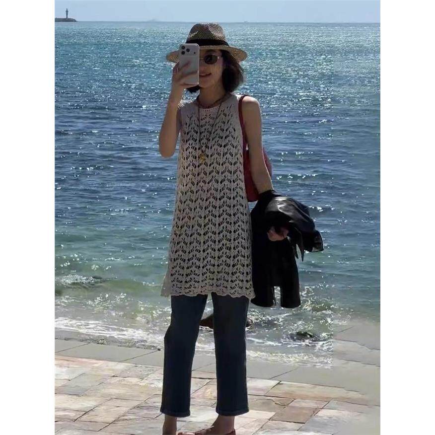 波西米亚白色网格镂空针织背心裙女夏外搭中长款薄款渔网叠穿罩衫
