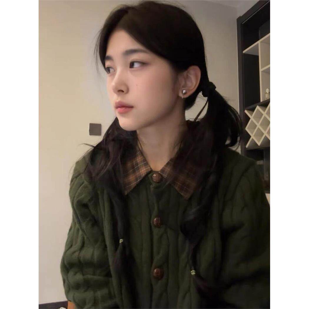 巨好看的小个子绿色假两件针织毛衣开衫女秋冬季2025新款外套上衣