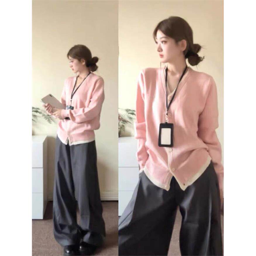 韩系设计感粉色假两件针织开衫女早秋软糯别致超好看毛衣外套上衣