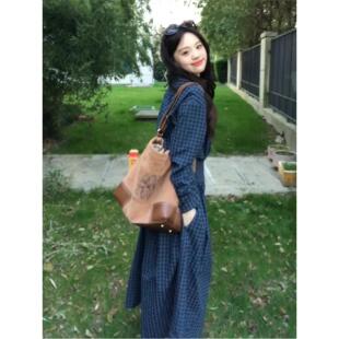 设计感小众两翻领格纹假两件长袖连衣裙收腰显瘦气质长裙子女秋冬