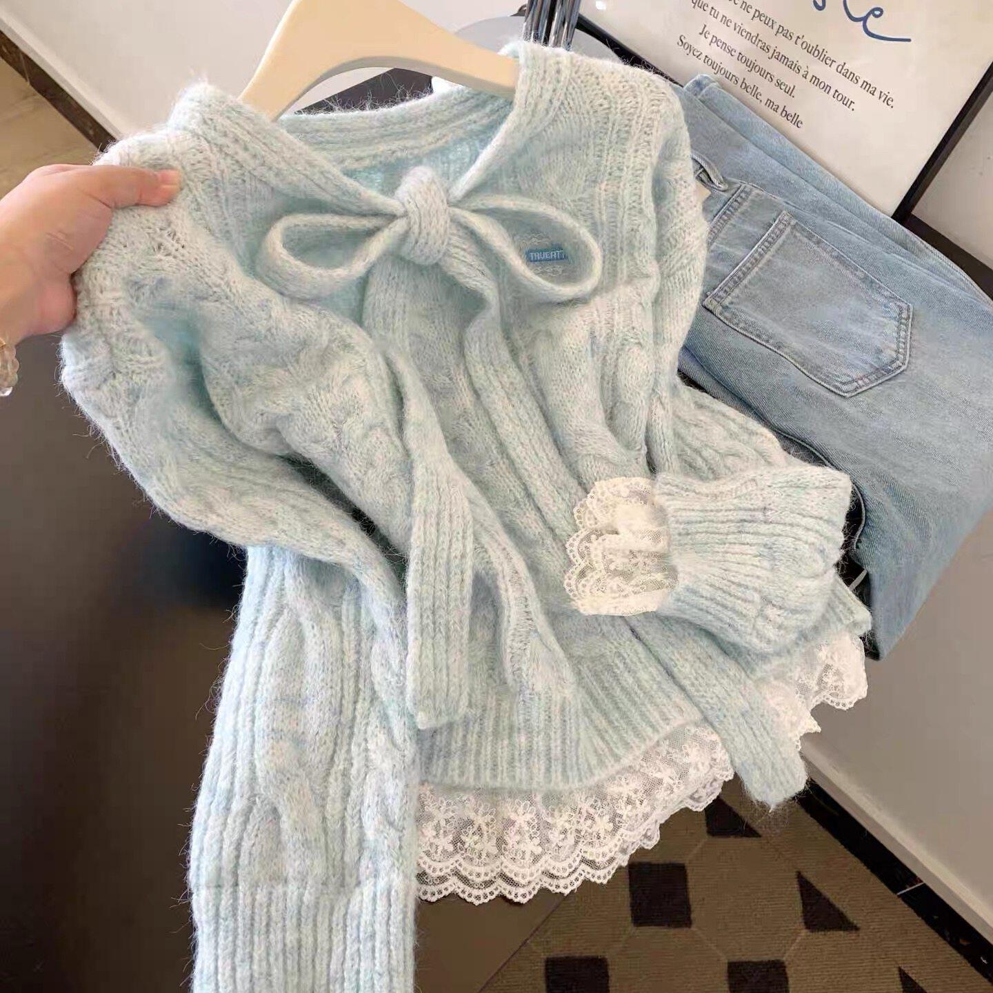 蕾丝拼接假两件系带蝴蝶结蓝色毛衣女秋冬高级感针织韩系穿搭