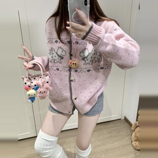 费尔岛设计毛衣慵懒风高级感宽松针织开衫外套女秋冬季新粉色上衣