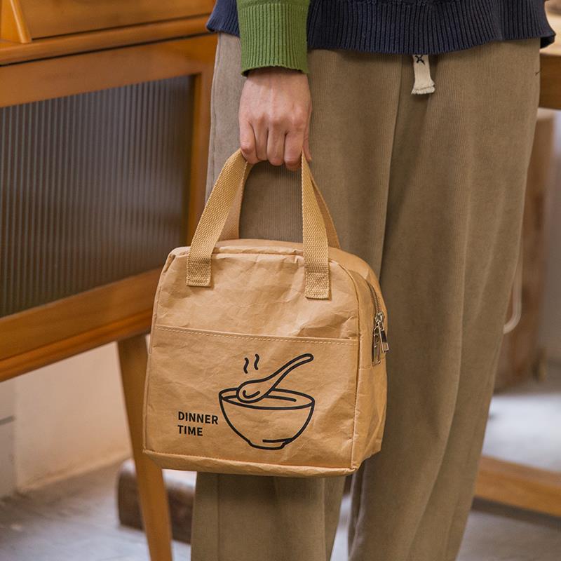 日式覆古水洗牛皮纸保温袋耐磨铝箔防水便当袋上班带饭手提便当袋