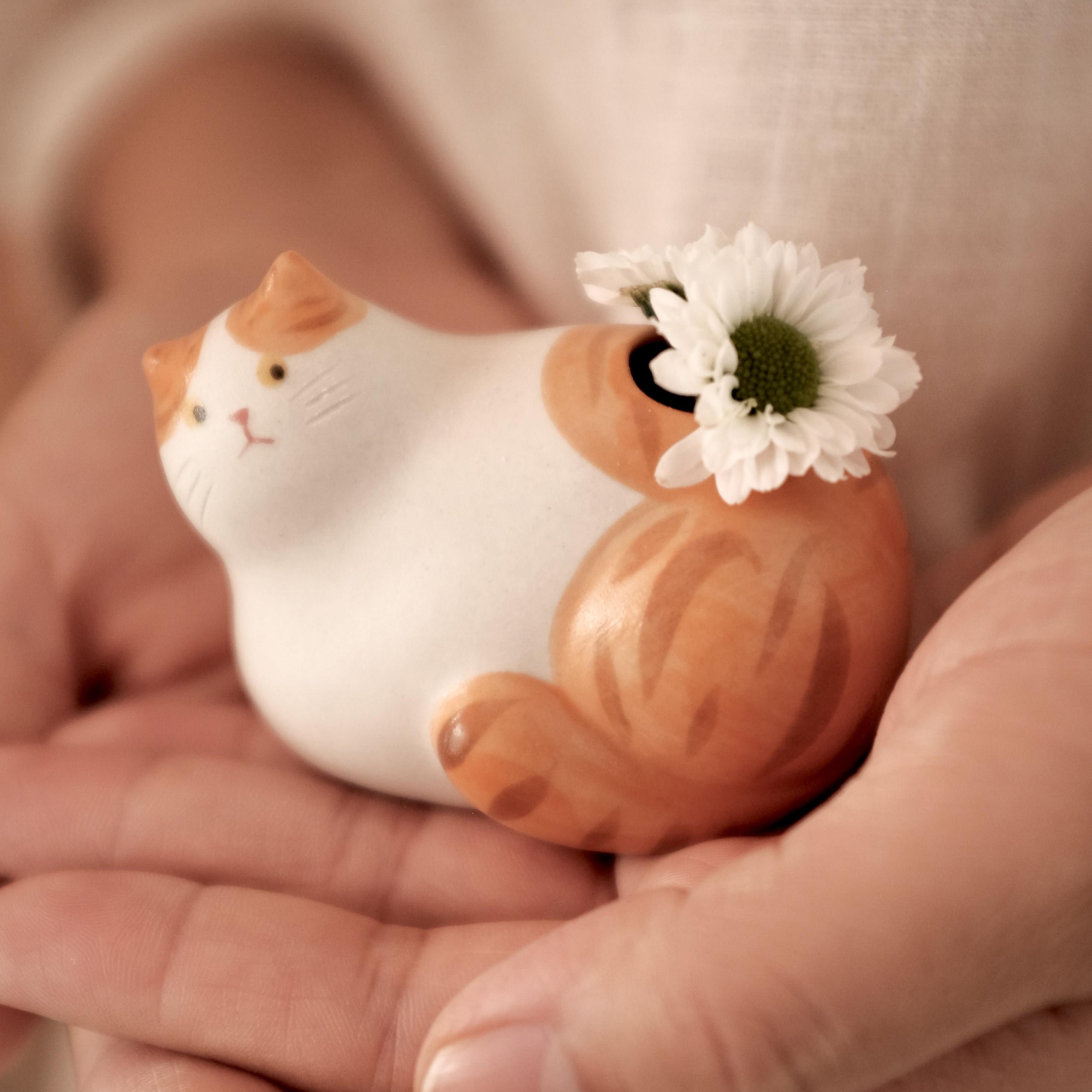 手工制作陶土猫咪胖橘mini迷你手握小花瓶家居摆件
