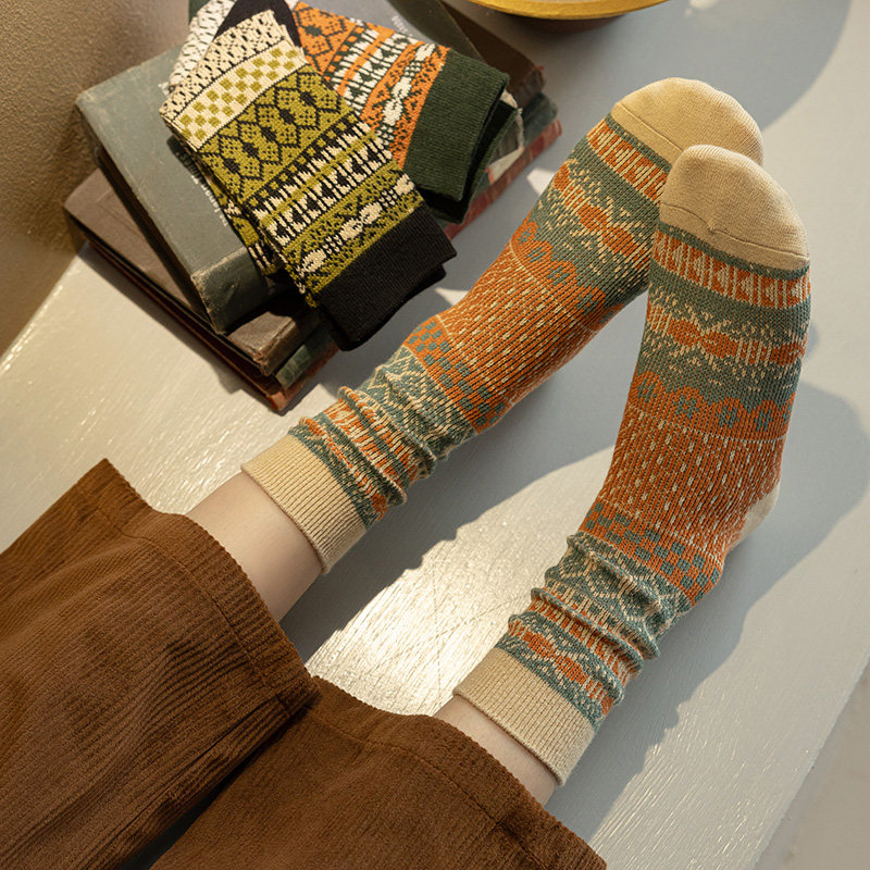 丁驼中筒袜女纯棉双针双路花袜子