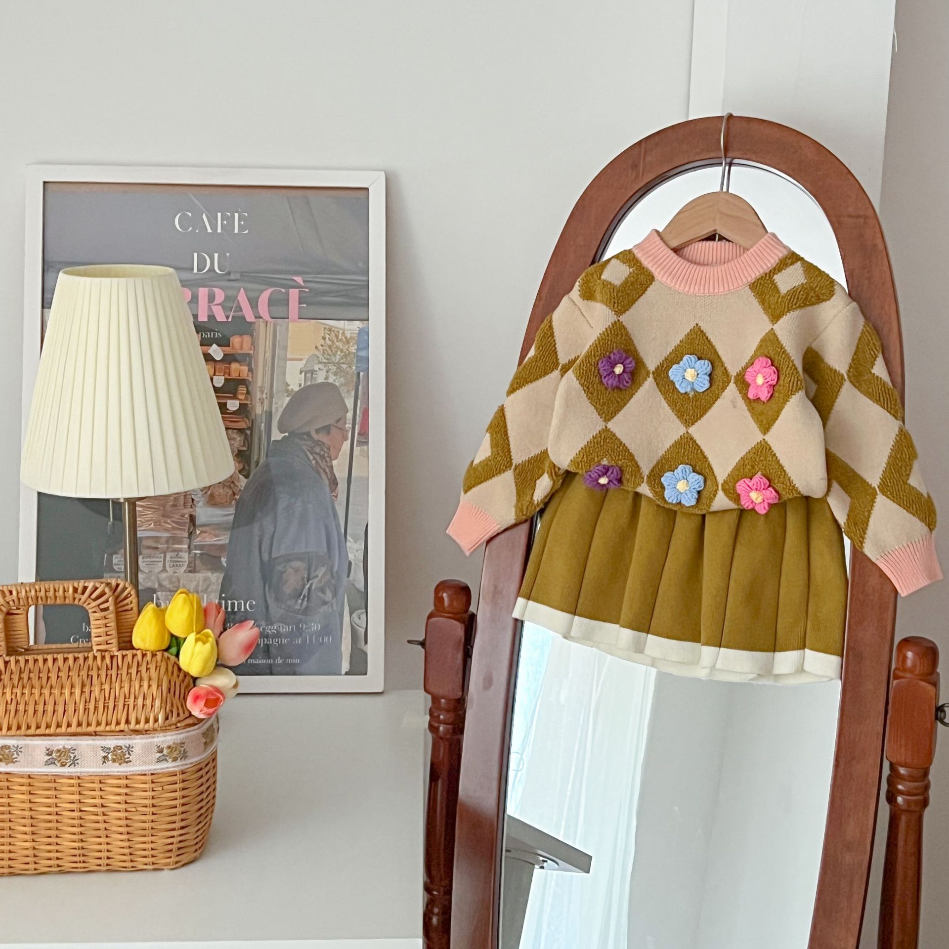 女童毛衣套装裙秋冬新款方块贴花针织两件套洋气圆领毛衣长袖时尚