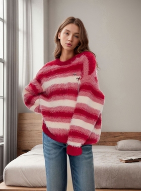 亚马逊秋冬宽松大码针织上衣欧美跨境圣诞圆领红色条纹长绒毛衣女