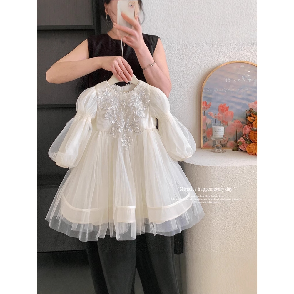 女童公主裙感花童小女孩生日礼服洋气儿童宫廷风珍珠连衣裙