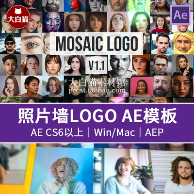 AE模板 多张图片马赛克照片墙汇聚形成LOGO团队宣传片头模板