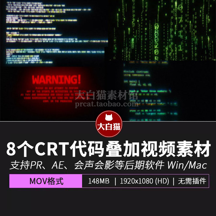 8个CRT编程程序代码错误屏幕警告数字化元素叠加素材图形动画-封面