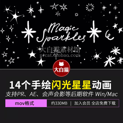 手绘星星动画 14个透明底MOV贴图循环动态图形闪光叠加层视频素材