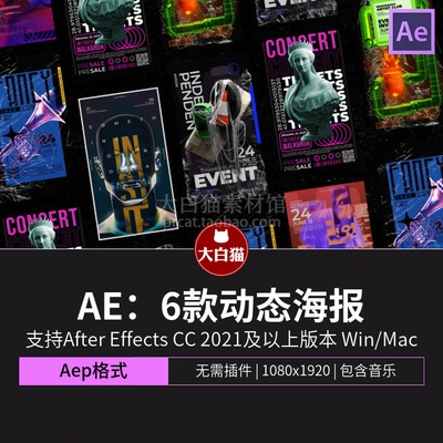 AE竖屏模板 6款工业风艺术设计活动宣传动态海报aftereffects模板
