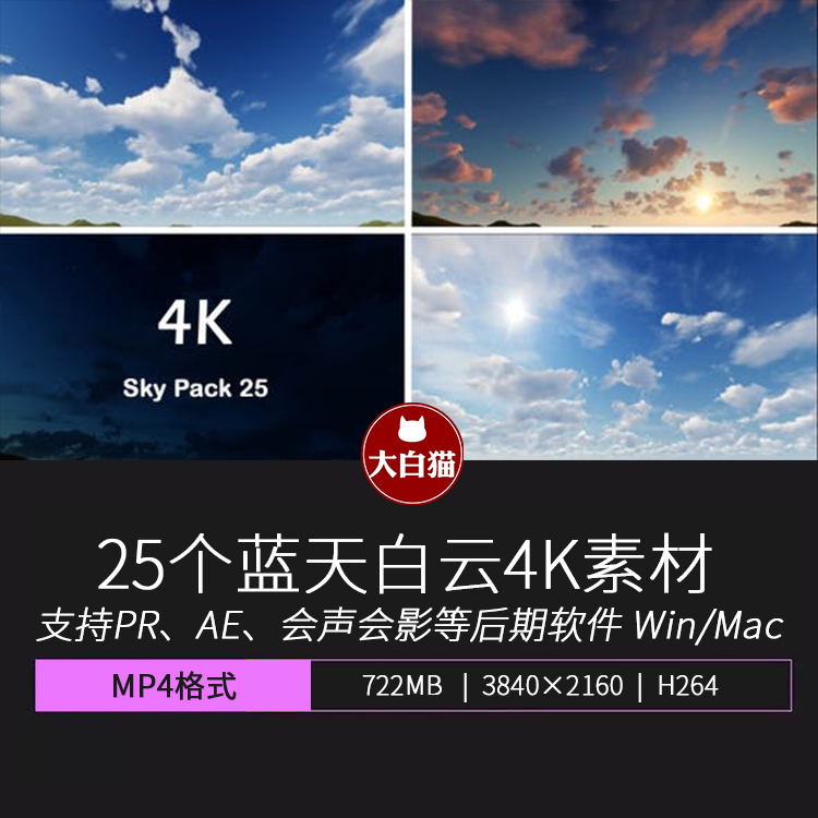 蓝天白云晴空万里25个延时拍摄影4K视频素材mov Sky Pack