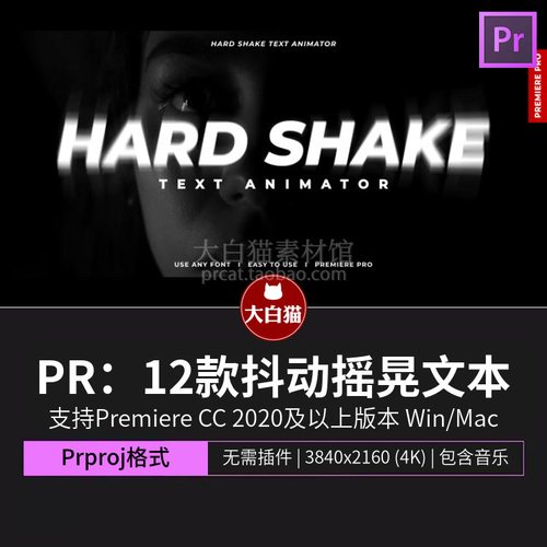 Pr模板 12款抖动摇晃文本动画震动频闪文字特效标题premiere模板