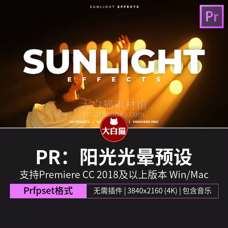 pr阳光特效预设 40组上下左右方向的光晕射光叠加光效pr预设