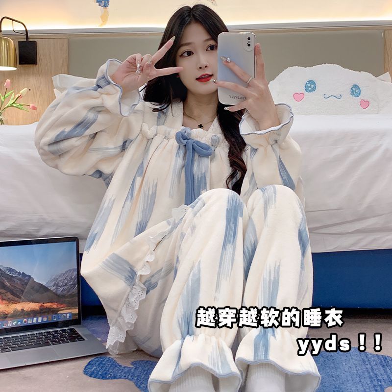 睡衣女秋冬季加绒加厚款珊瑚绒长袖冬天保暖甜美法兰绒家居服套装