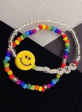 GD权志龙同款手工串珠笑脸手链男女韩版字母彩虹手饰情侣时尚配饰