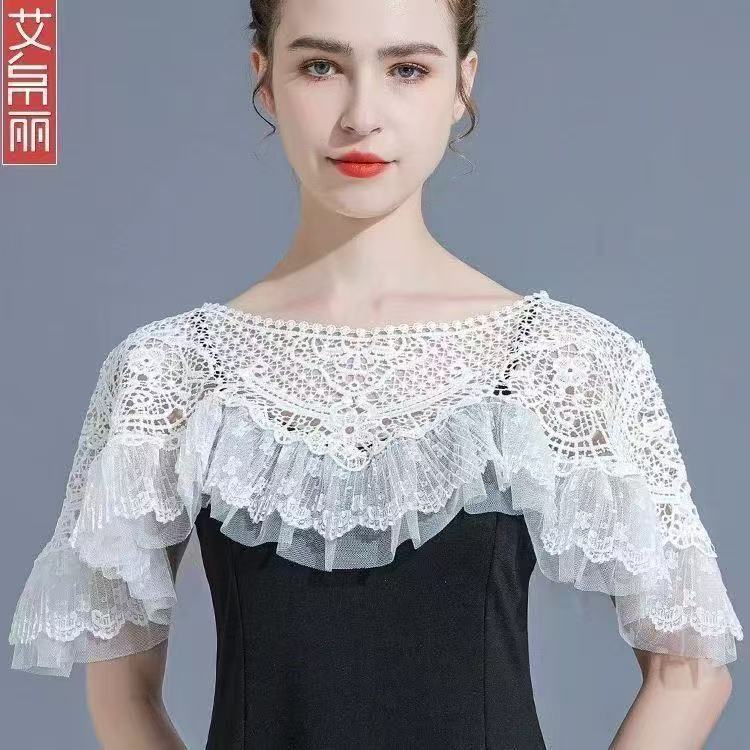 韩版蕾丝假领白色荷叶边防晒披肩女外搭斗篷遮阳