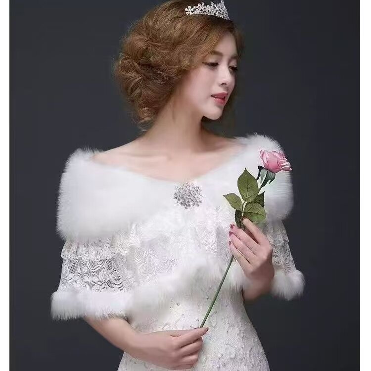 白色毛绒披肩女冬季保暖婚纱礼服新娘蕾丝拼接优雅气质外套
