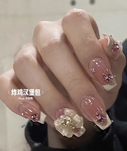 水冰月~鹅黄蝴蝶结粉钻法式边美甲可爱甜美短圆手工穿戴甲美少女