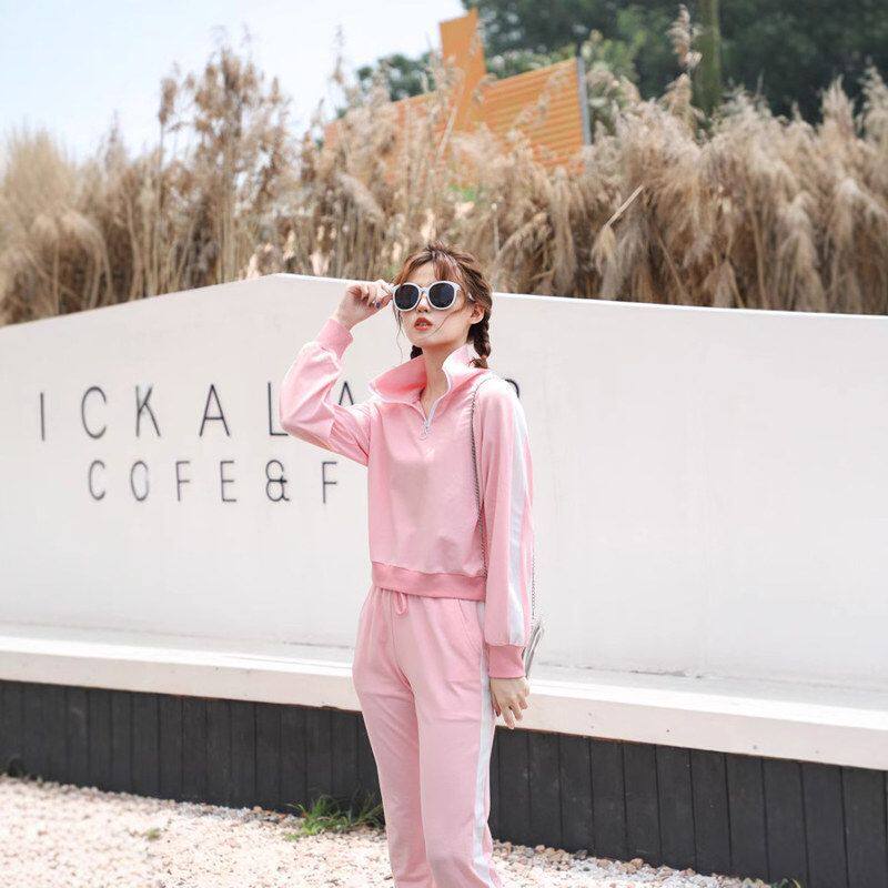 时尚粉色撞色年2024简约潮流休闲运动女装卫裤百搭新品公主风女