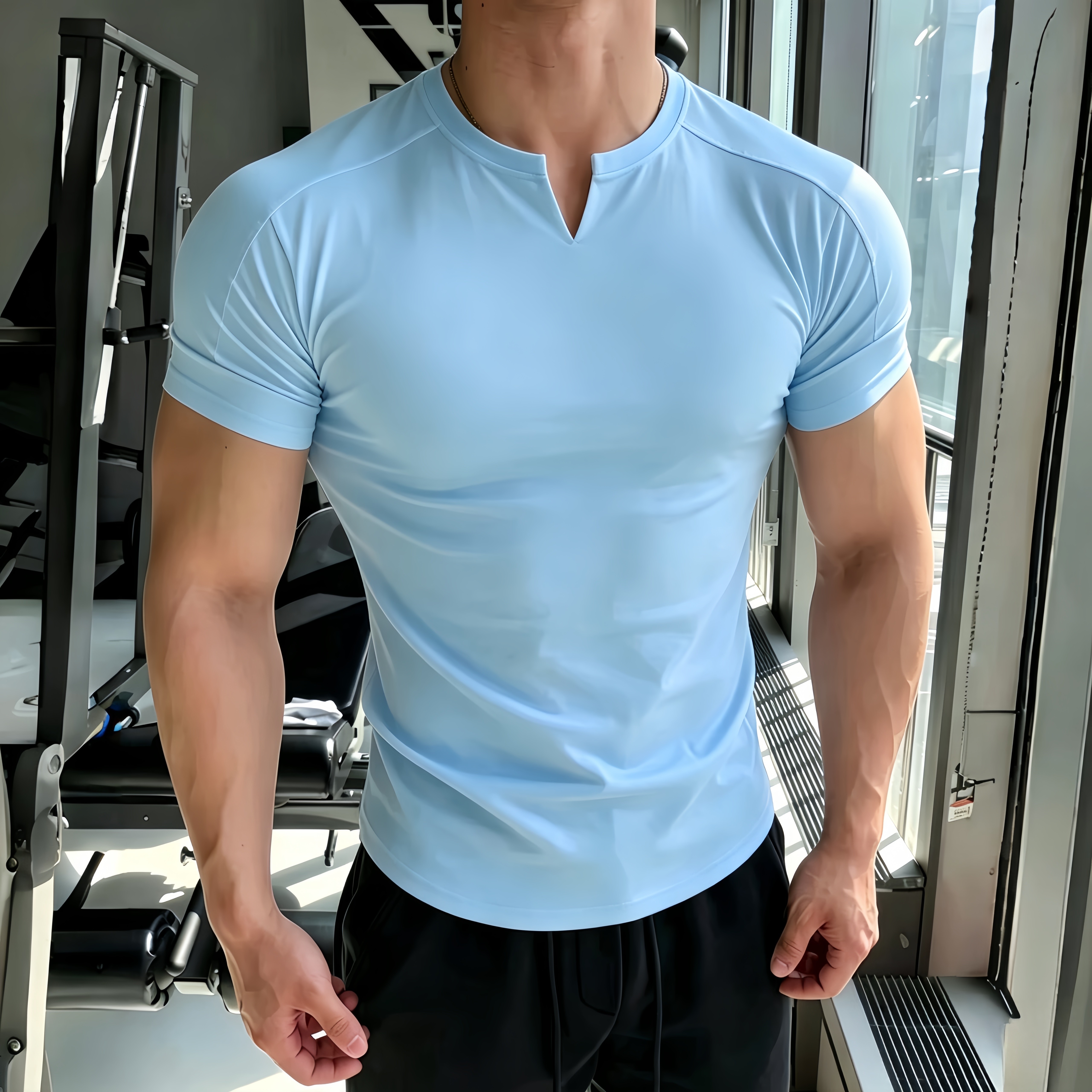 肌肉健身男运动休闲V领T恤夏短袖跑步训练服圆领透气弹力修身篮球