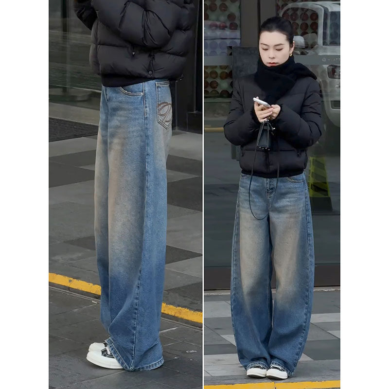 蓝色阔腿牛仔裤女2026年秋冬新款高腰宽松显瘦垂感拖地窄版直筒裤