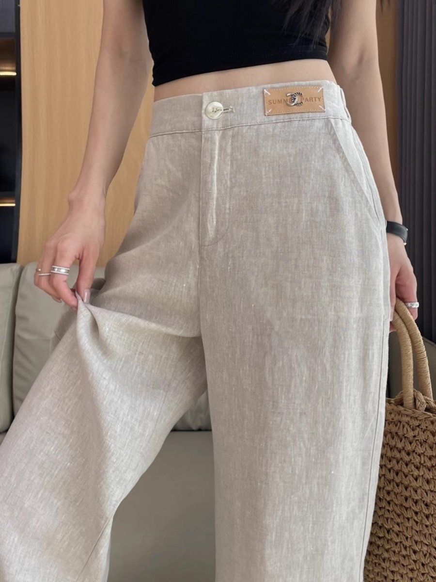 纯亚麻阔腿裤2025春夏新款高腰修身Look宽松垂褶及地窄直休闲裤,女装/女士精品,大码裤装,淘宝优惠券,粉丝福利购,淘宝优惠卷