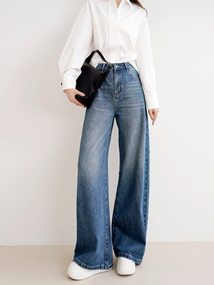 蓝色阔腿牛仔裤女春秋2025新款高腰显瘦宽松慵懒覆古直筒拖地长裤