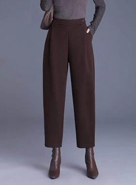 咖色毛呢哈伦裤镰刀裤女秋冬2025新款高腰显瘦宽松加厚萝卜老爹裤